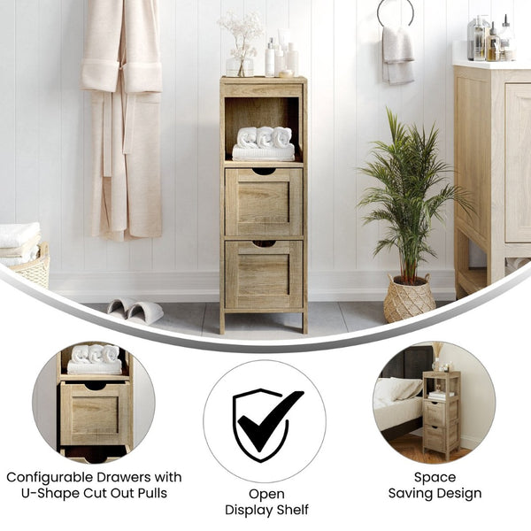 English Elm Dune Farmhouse Bathroom Storage Organizer with Removable Drawers and Open Shelf for Smart Style Brown FS-BATH-4-BR-GG