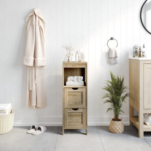 English Elm Dune Farmhouse Bathroom Storage Organizer with Removable Drawers and Open Shelf for Smart Style Brown FS-BATH-4-BR-GG