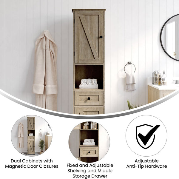 English Elm Dune Freestanding Bathroom Linen Tower Cabinet with Magnetic Doors, Adjustable Shelves & Drawer Storage Brown FS-BATH-6-BR-GG