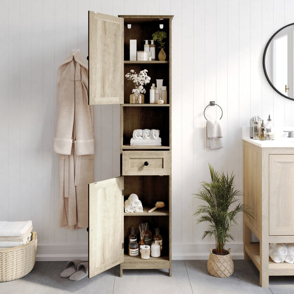 English Elm Dune Freestanding Bathroom Linen Tower Cabinet with Magnetic Doors, Adjustable Shelves & Drawer Storage Brown FS-BATH-6-BR-GG
