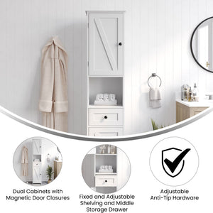 English Elm Dune Freestanding Bathroom Linen Tower Cabinet with Magnetic Doors, Adjustable Shelves & Drawer Storage White FS-BATH-6-WH-GG