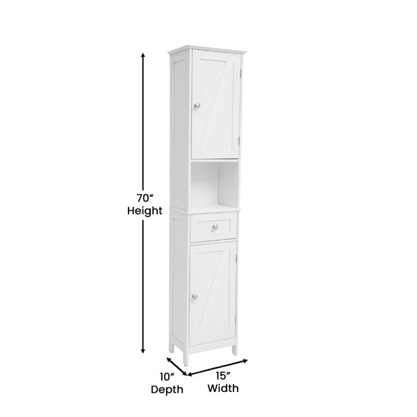 English Elm Dune Freestanding Bathroom Linen Tower Cabinet with Magnetic Doors, Adjustable Shelves & Drawer Storage White FS-BATH-6-WH-GG