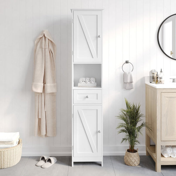 English Elm Dune Freestanding Bathroom Linen Tower Cabinet with Magnetic Doors, Adjustable Shelves & Drawer Storage White FS-BATH-6-WH-GG
