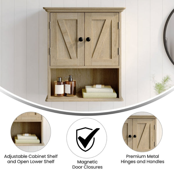 English Elm Dune Wall-Mounted Farmhouse Medicine Cabinet: Rustic Storage with Magnetic Doors and Adjustable Shelf Brown FS-BATH-7-BR-GG
