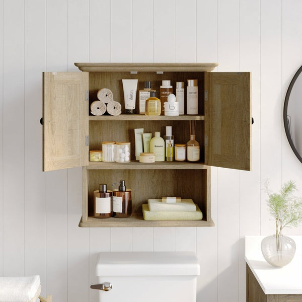 English Elm Dune Wall-Mounted Farmhouse Medicine Cabinet: Rustic Storage with Magnetic Doors and Adjustable Shelf Brown FS-BATH-7-BR-GG