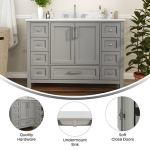 English Elm Vega 48-Inch Bathroom Vanity with Soft-Close Doors, 9 Drawers, and Elegant Carrara Marble Countertop Gray FS-BN-2-48-GY-GG