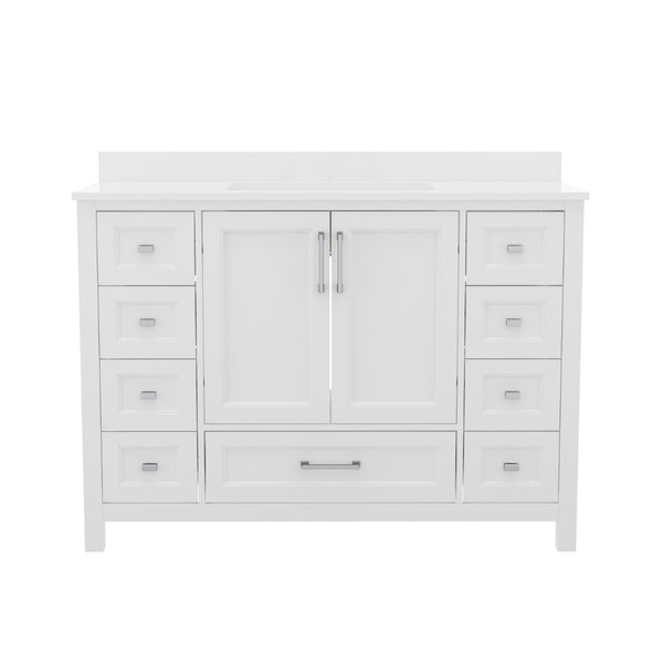 English Elm Vega 48-Inch Bathroom Vanity with Soft-Close Doors, 9 Drawers, and Elegant Carrara Marble Countertop White FS-BN-2-48-WH-GG