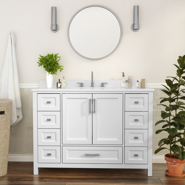 English Elm Vega 48-Inch Bathroom Vanity with Soft-Close Doors, 9 Drawers, and Elegant Carrara Marble Countertop White FS-BN-2-48-WH-GG