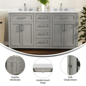 English Elm Vega 60 Inch Bathroom Double Vanity with Dual Sinks, Soft-Close Cabinets, and Luxurious Marble Top Gray FS-BN-2-60-GY-GG