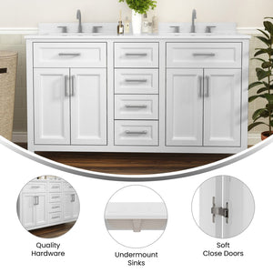 English Elm Vega 60 Inch Bathroom Double Vanity with Dual Sinks, Soft-Close Cabinets, and Luxurious Marble Top White FS-BN-2-60-WH-GG