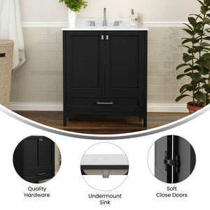 English Elm Haven Bathroom Vanity with Elegant Carrara Marble Countertop, Soft-Close Storage & Easy Assembly Black 30" FS-BN-4-30-KD-BK-GG