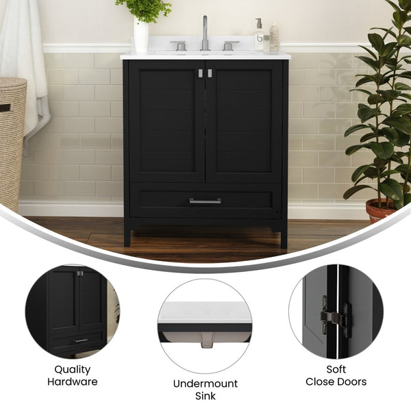 English Elm Haven Bathroom Vanity with Elegant Carrara Marble Countertop, Soft-Close Storage & Easy Assembly Black 30" FS-BN-4-30-KD-BK-GG
