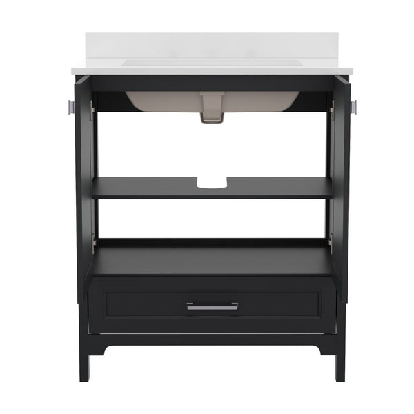 English Elm Haven Bathroom Vanity with Elegant Carrara Marble Countertop, Soft-Close Storage & Easy Assembly Black 30" FS-BN-4-30-KD-BK-GG