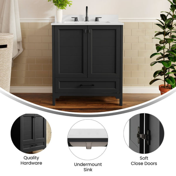 English Elm Haven Bathroom Vanity with Elegant Carrara Marble Countertop, Soft-Close Storage & Easy Assembly Black Frame/Black Hardware 30" FS-BN-4-30-KD-BK-HDBLK-GG