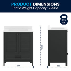 English Elm Haven Bathroom Vanity with Elegant Carrara Marble Countertop, Soft-Close Storage & Easy Assembly Black Frame/Black Hardware 30" FS-BN-4-30-KD-BK-HDBLK-GG