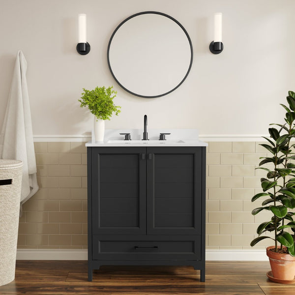 English Elm Haven Bathroom Vanity with Elegant Carrara Marble Countertop, Soft-Close Storage & Easy Assembly Black Frame/Black Hardware 30" FS-BN-4-30-KD-BK-HDBLK-GG
