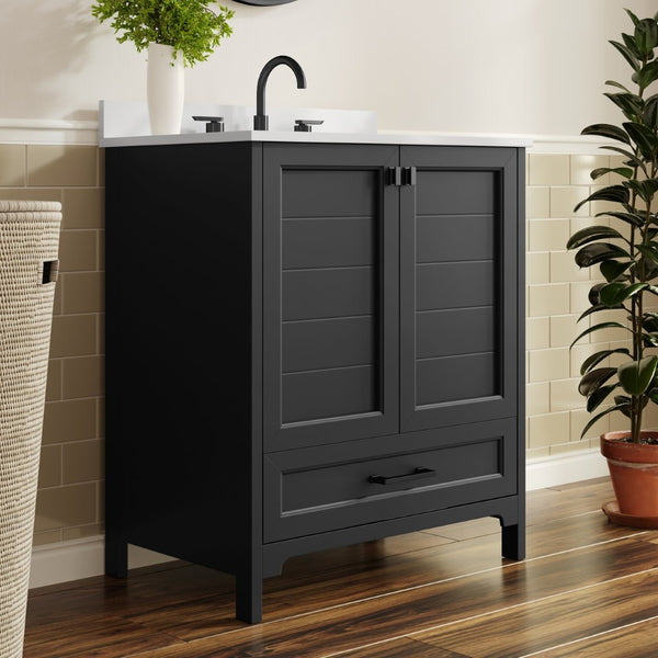 English Elm Haven Bathroom Vanity with Elegant Carrara Marble Countertop, Soft-Close Storage & Easy Assembly Black Frame/Black Hardware 30" FS-BN-4-30-KD-BK-HDBLK-GG