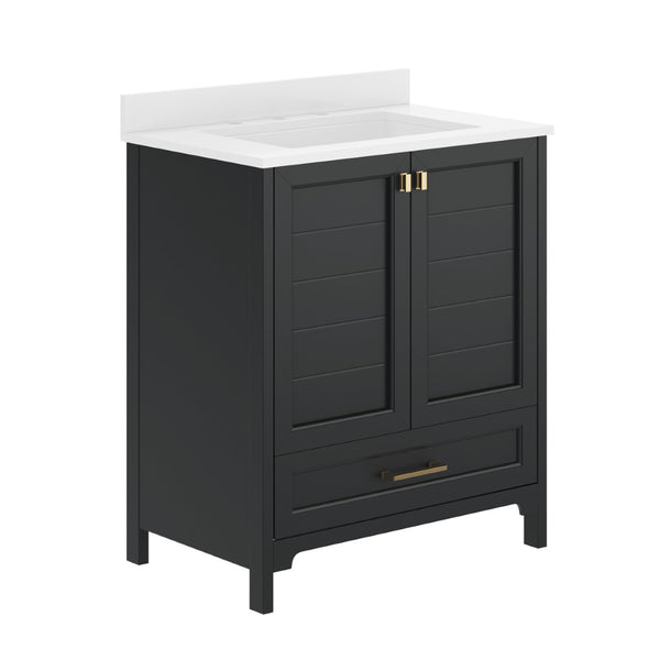 English Elm Haven Bathroom Vanity with Elegant Carrara Marble Countertop, Soft-Close Storage & Easy Assembly Black Frame/Gold Hardware 30" FS-BN-4-30-KD-BK-HDGLD-GG