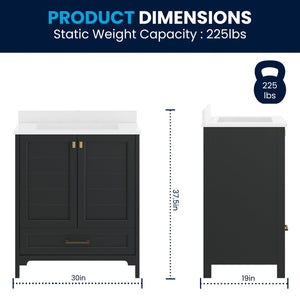 English Elm Haven Bathroom Vanity with Elegant Carrara Marble Countertop, Soft-Close Storage & Easy Assembly Black Frame/Gold Hardware 30" FS-BN-4-30-KD-BK-HDGLD-GG