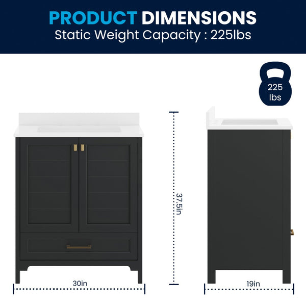 English Elm Haven Bathroom Vanity with Elegant Carrara Marble Countertop, Soft-Close Storage & Easy Assembly Black Frame/Gold Hardware 30" FS-BN-4-30-KD-BK-HDGLD-GG