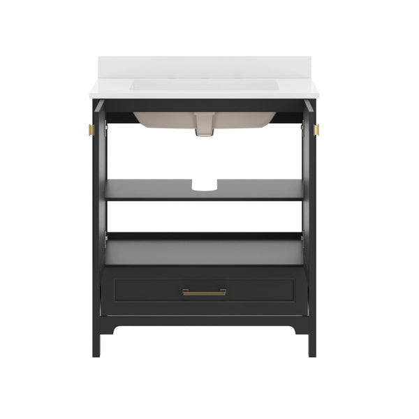 English Elm Haven Bathroom Vanity with Elegant Carrara Marble Countertop, Soft-Close Storage & Easy Assembly Black Frame/Gold Hardware 30" FS-BN-4-30-KD-BK-HDGLD-GG