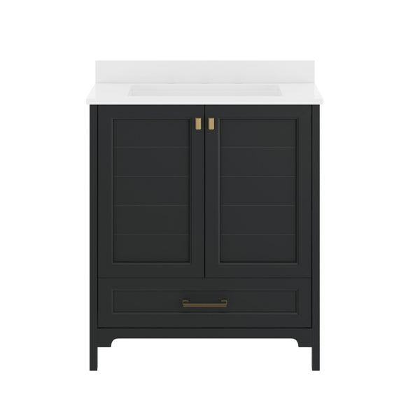 English Elm Haven Bathroom Vanity with Elegant Carrara Marble Countertop, Soft-Close Storage & Easy Assembly Black Frame/Gold Hardware 30" FS-BN-4-30-KD-BK-HDGLD-GG