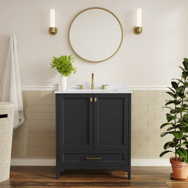 English Elm Haven Bathroom Vanity with Elegant Carrara Marble Countertop, Soft-Close Storage & Easy Assembly Black Frame/Gold Hardware 30" FS-BN-4-30-KD-BK-HDGLD-GG