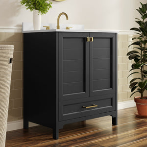 English Elm Haven Bathroom Vanity with Elegant Carrara Marble Countertop, Soft-Close Storage & Easy Assembly Black Frame/Gold Hardware 30" FS-BN-4-30-KD-BK-HDGLD-GG