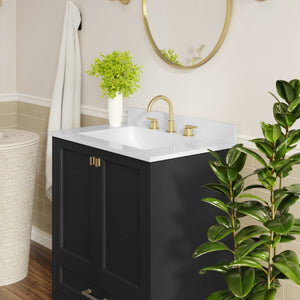 English Elm Haven Bathroom Vanity with Elegant Carrara Marble Countertop, Soft-Close Storage & Easy Assembly Black Frame/Gold Hardware 30" FS-BN-4-30-KD-BK-HDGLD-GG