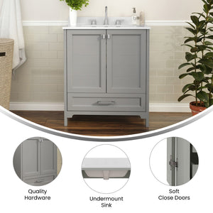 English Elm Haven Bathroom Vanity with Elegant Carrara Marble Countertop, Soft-Close Storage & Easy Assembly Gray 30" FS-BN-4-30-KD-GY-GG