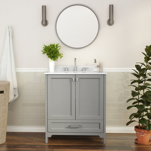 English Elm Haven Bathroom Vanity with Elegant Carrara Marble Countertop, Soft-Close Storage & Easy Assembly Gray 30" FS-BN-4-30-KD-GY-GG