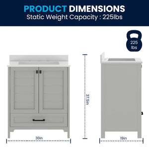 English Elm Haven Bathroom Vanity with Elegant Carrara Marble Countertop, Soft-Close Storage & Easy Assembly Gray Frame/Black Hardware 30" FS-BN-4-30-KD-GY-HDBLK-GG