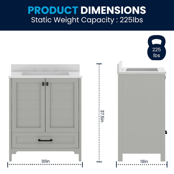 English Elm Haven Bathroom Vanity with Elegant Carrara Marble Countertop, Soft-Close Storage & Easy Assembly Gray Frame/Black Hardware 30" FS-BN-4-30-KD-GY-HDBLK-GG