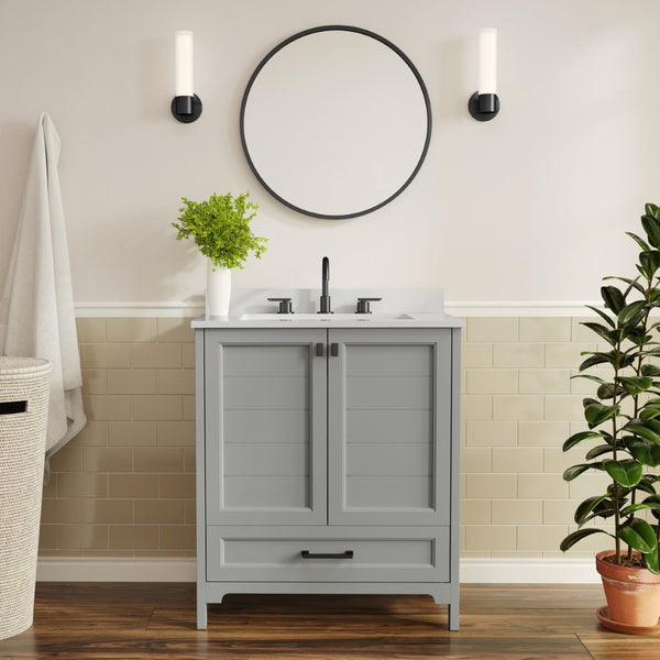 English Elm Haven Bathroom Vanity with Elegant Carrara Marble Countertop, Soft-Close Storage & Easy Assembly Gray Frame/Black Hardware 30" FS-BN-4-30-KD-GY-HDBLK-GG