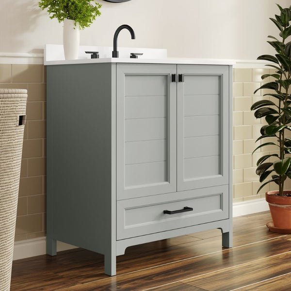 English Elm Haven Bathroom Vanity with Elegant Carrara Marble Countertop, Soft-Close Storage & Easy Assembly Gray Frame/Black Hardware 30" FS-BN-4-30-KD-GY-HDBLK-GG