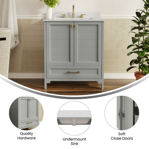 English Elm Haven Bathroom Vanity with Elegant Carrara Marble Countertop, Soft-Close Storage & Easy Assembly Gray Frame/Gold Hardware 30" FS-BN-4-30-KD-GY-HDGLD-GG