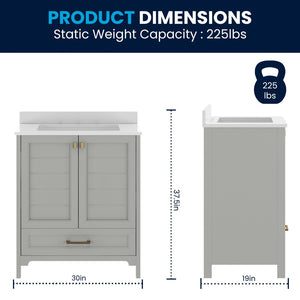 English Elm Haven Bathroom Vanity with Elegant Carrara Marble Countertop, Soft-Close Storage & Easy Assembly Gray Frame/Gold Hardware 30" FS-BN-4-30-KD-GY-HDGLD-GG