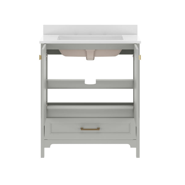 English Elm Haven Bathroom Vanity with Elegant Carrara Marble Countertop, Soft-Close Storage & Easy Assembly Gray Frame/Gold Hardware 30" FS-BN-4-30-KD-GY-HDGLD-GG