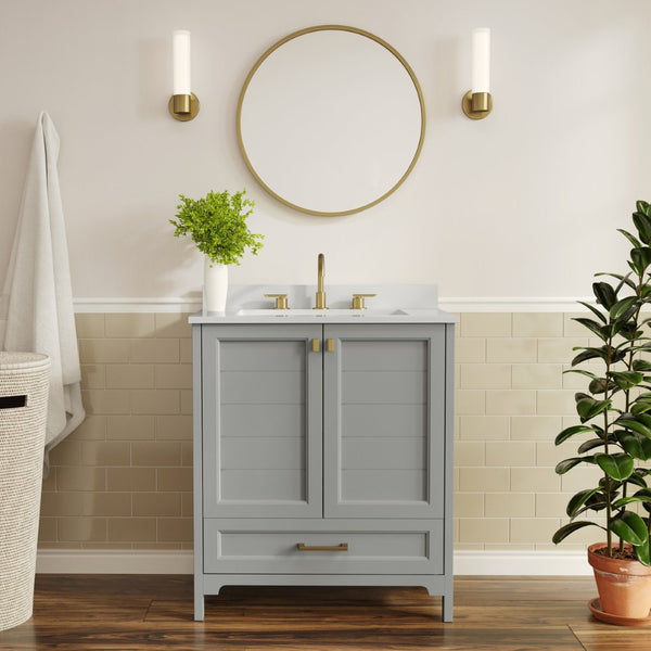 English Elm Haven Bathroom Vanity with Elegant Carrara Marble Countertop, Soft-Close Storage & Easy Assembly Gray Frame/Gold Hardware 30" FS-BN-4-30-KD-GY-HDGLD-GG