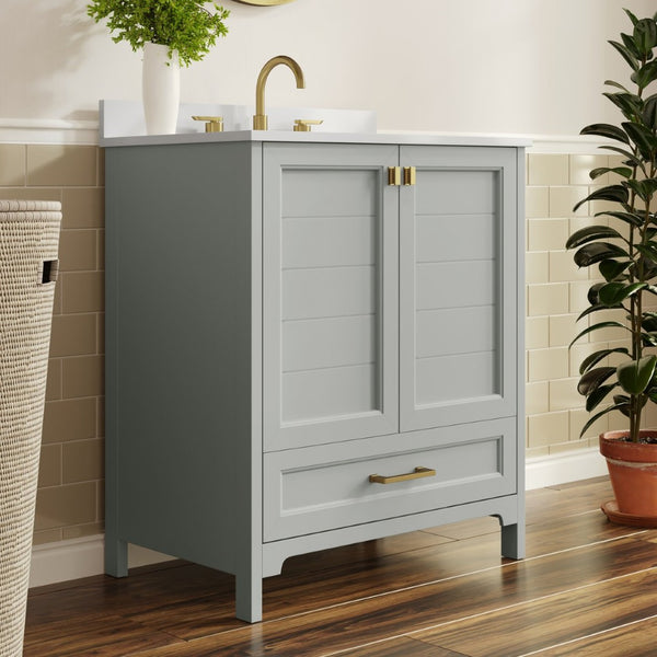 English Elm Haven Bathroom Vanity with Elegant Carrara Marble Countertop, Soft-Close Storage & Easy Assembly Gray Frame/Gold Hardware 30" FS-BN-4-30-KD-GY-HDGLD-GG