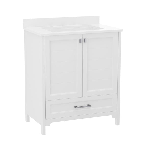 English Elm Haven Bathroom Vanity with Elegant Carrara Marble Countertop, Soft-Close Storage & Easy Assembly White 30" FS-BN-4-30-KD-WH-GG