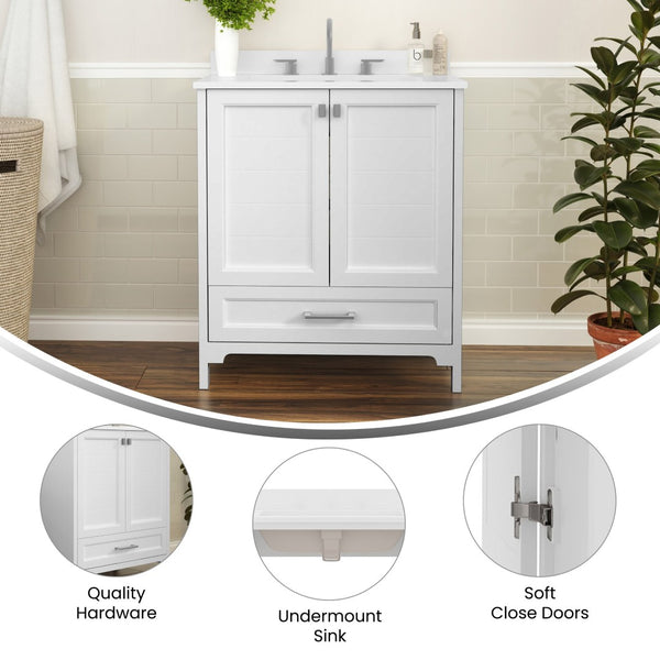 English Elm Haven Bathroom Vanity with Elegant Carrara Marble Countertop, Soft-Close Storage & Easy Assembly White 30" FS-BN-4-30-KD-WH-GG