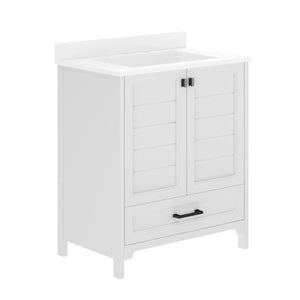 English Elm Haven Bathroom Vanity with Elegant Carrara Marble Countertop, Soft-Close Storage & Easy Assembly White Frame/Black Hardware 30" FS-BN-4-30-KD-WH-HDBLK-GG