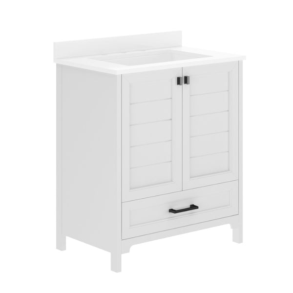 English Elm Haven Bathroom Vanity with Elegant Carrara Marble Countertop, Soft-Close Storage & Easy Assembly White Frame/Black Hardware 30" FS-BN-4-30-KD-WH-HDBLK-GG