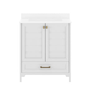 English Elm Haven Bathroom Vanity with Elegant Carrara Marble Countertop, Soft-Close Storage & Easy Assembly White Frame/Black Hardware 30" FS-BN-4-30-KD-WH-HDBLK-GG
