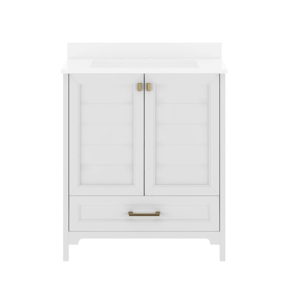 English Elm Haven Bathroom Vanity with Elegant Carrara Marble Countertop, Soft-Close Storage & Easy Assembly White Frame/Black Hardware 30" FS-BN-4-30-KD-WH-HDBLK-GG