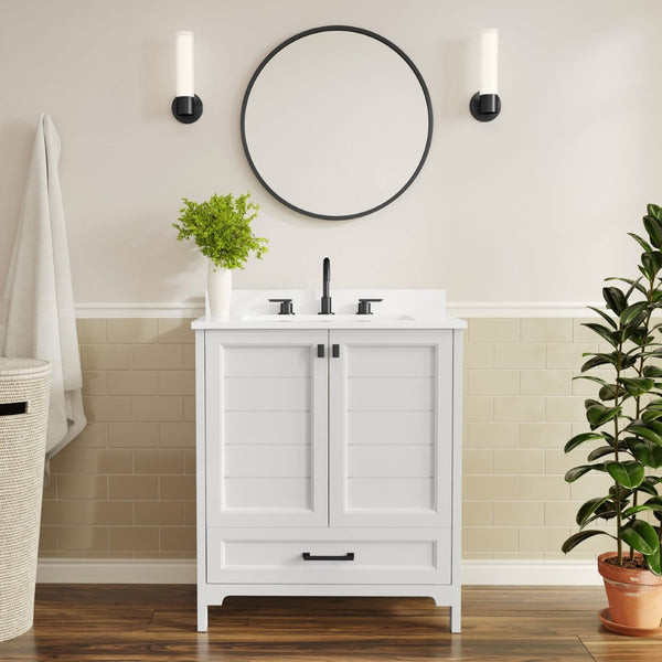 English Elm Haven Bathroom Vanity with Elegant Carrara Marble Countertop, Soft-Close Storage & Easy Assembly White Frame/Black Hardware 30" FS-BN-4-30-KD-WH-HDBLK-GG