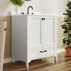English Elm Haven Bathroom Vanity with Elegant Carrara Marble Countertop, Soft-Close Storage & Easy Assembly White Frame/Black Hardware 30" FS-BN-4-30-KD-WH-HDBLK-GG