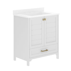 English Elm Haven Bathroom Vanity with Elegant Carrara Marble Countertop, Soft-Close Storage & Easy Assembly White Frame/Gold Hardware 30" FS-BN-4-30-KD-WH-HDGLD-GG