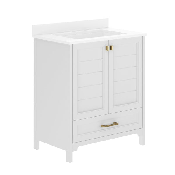 English Elm Haven Bathroom Vanity with Elegant Carrara Marble Countertop, Soft-Close Storage & Easy Assembly White Frame/Gold Hardware 30" FS-BN-4-30-KD-WH-HDGLD-GG